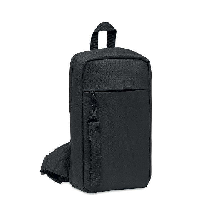 Bolsa bandolera negra rectangular cruzada con bolsillo exterior y correa desmontable