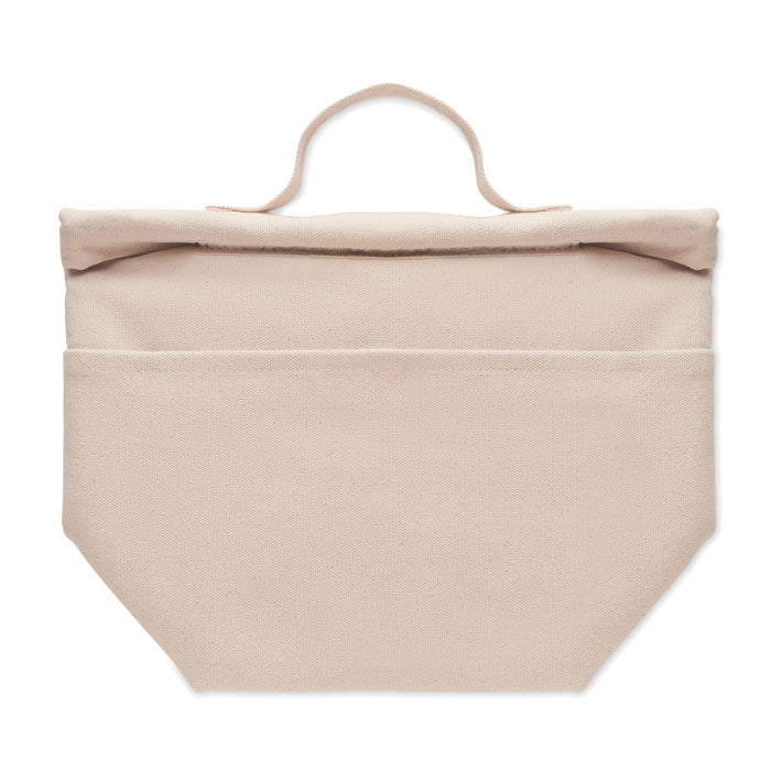 Vista trasera de la RECOBA - Bolsa nevera de algodón reciclado con cierre rolltop, diseño sostenible y amplio compartimento térmico.