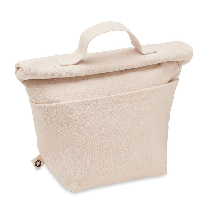 RECOBA - Bolsa nevera de algodón reciclado cierre rolltop en color natural, ideal para picnic, playa o piscina, con asa superior y bolsillo frontal.
