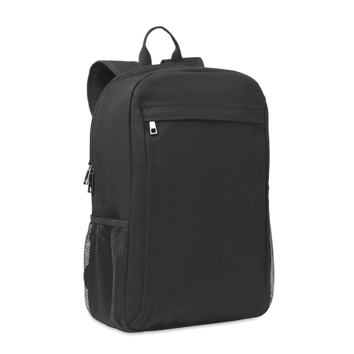 Mochila negra para portátil de 15 pulgadas con bolsillo frontal con cremallera y bolsillos laterales de red
