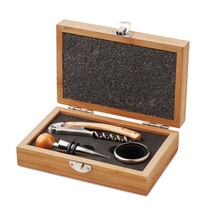 Juego de vino en caja de madera con sacacorchos, collar de vino, tapón de acero inoxidable y bambú.