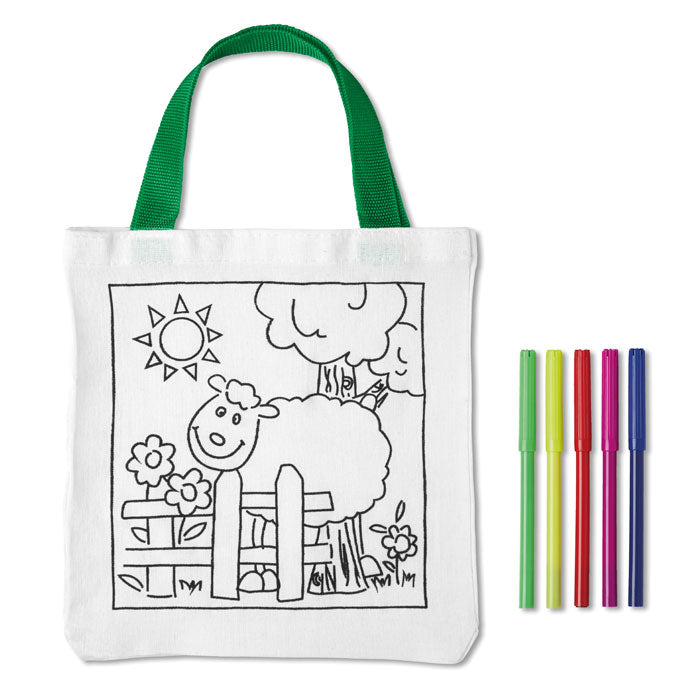 Bolsa de algodón con un dibujo y con 5 rotuladores de colores para colorear