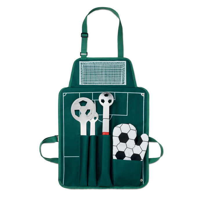 Delantal para barbacoa con accesorios y manopla de diseño de campo de fútbol