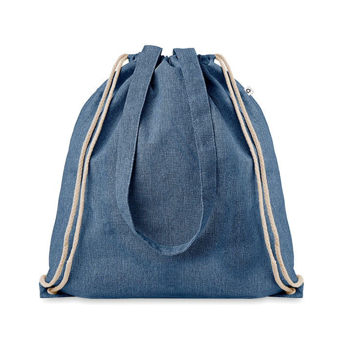 MOIRA DUO - Bolsa mochila de cuerdas ecológica de algodón reciclado en azul jaspeado, con asas dobles y cierre de cordón resistente.