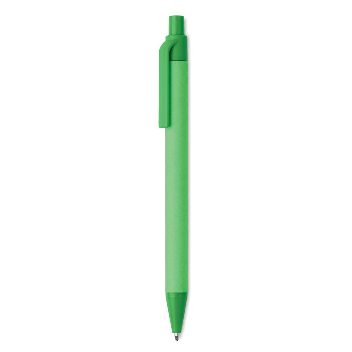 Bolígrafo de pulsador PLA color lima con cuerpo de papel reciclado y clip de almidón de maíz.