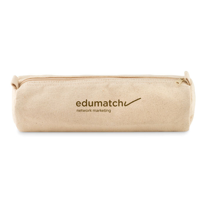 Estuche de algodón en color beige con cremallera y diseño sencillo, ideal para almacenamiento y organización.