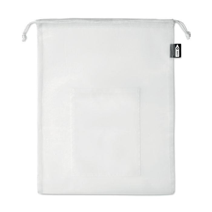 Bolsa rejilla blanca para comida con bolsillo frontal y cordón de cierre en la parte superior.