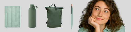 Mujer pensativa en regalo promocional: libreta, botella, mochila y boli