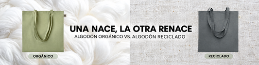 Comparativa de bolsa verde de algodón orgánico y bolsa gris de algodón reciclado sobre fondos de fibras textiles.