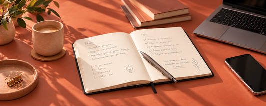 Libreta con notas sobre fondo terracota