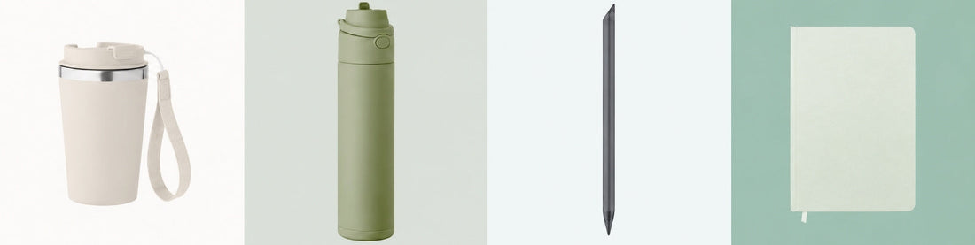 Vaso, botella, bolígrafo y libreta promocional ecológico