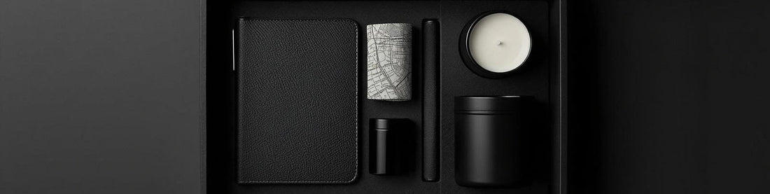 Caja de regalo empresarial con artículos personalizados de alta gama.