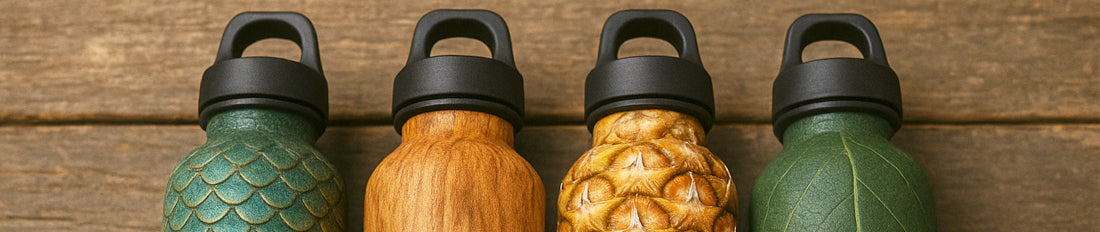 Imagen de botellas de agua con fabricadas con escamas, madera, hojas y piña relacionadas con un blog de regalo promocional