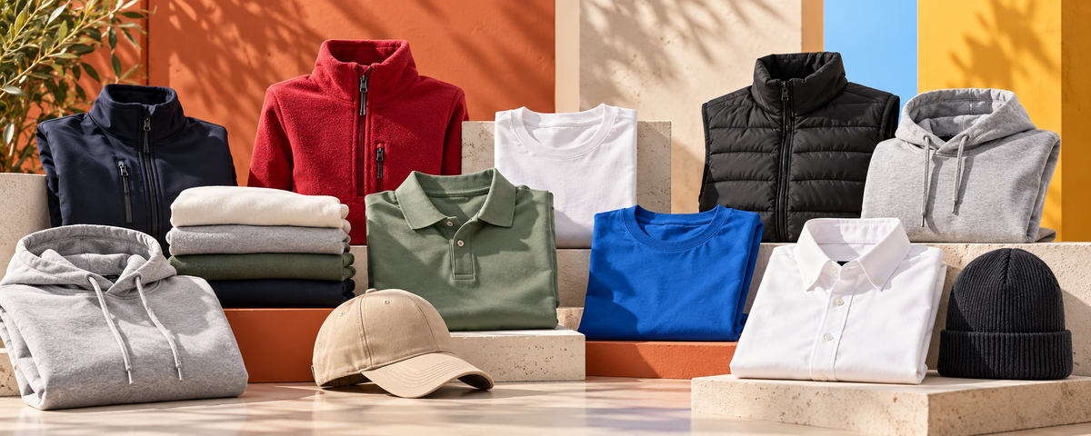 Conjunto de ropa promocional colocada y doblada en expositor natural