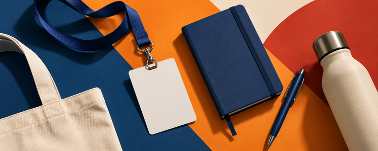 Bolsa de tela, acreditación con cinta, libreta azul, bolígrafo y botella reutilizable, artículos promocionales para ferias, congresos y eventos de empresa.