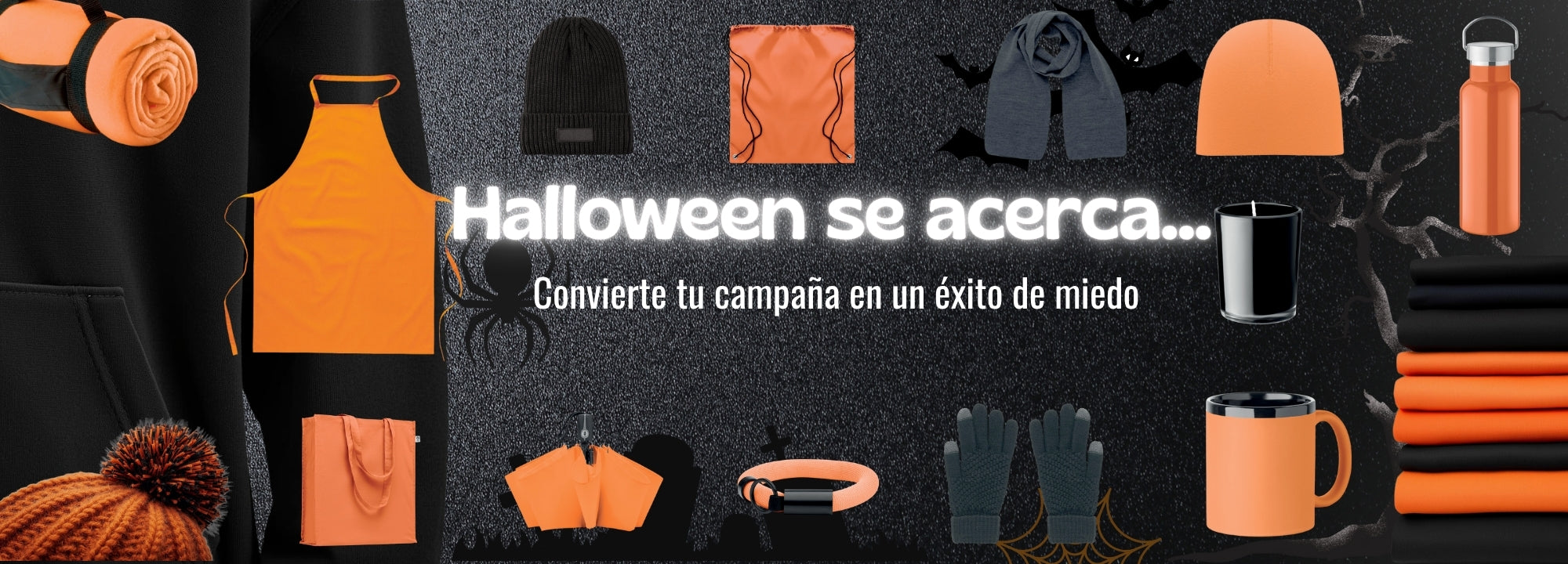 Banner web de campaña Halloween con fondo oscuro y productos naranjas