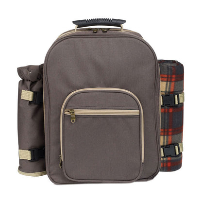 Mochila de picnic marrón con bolsillo exterior con cremallera, manta y porta botellas en los laterales y asa de mano reforzada 