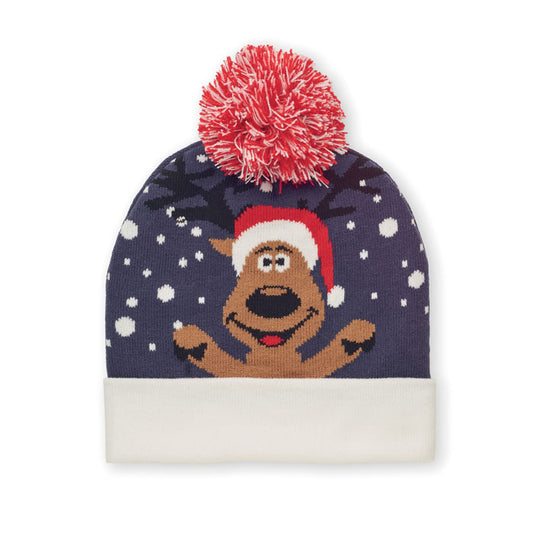 Gorro de punto navideño en azul con diseño de reno y pompom rojo, ideal para celebraciones festivas.