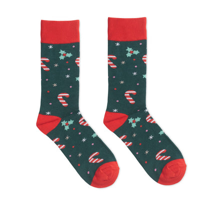 Calcetín verde con diseño navideño y talón rojo