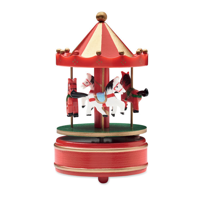 WHIRLY - Mini caja de música carrusel con caballos de madera giratorios y carpa roja.
