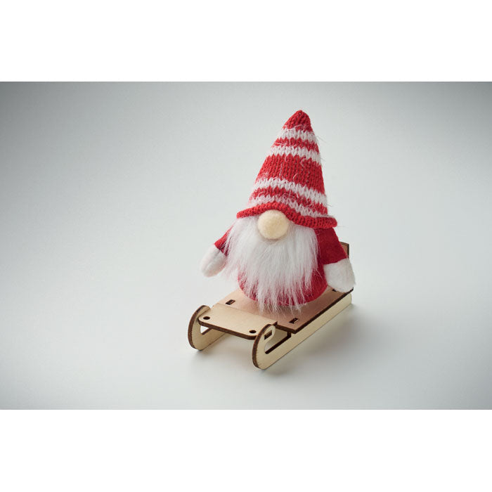 FROSTY SLEIGH - Gnomo en trineo de madera decorativo con gorro de rayas rojas y trineo de madera