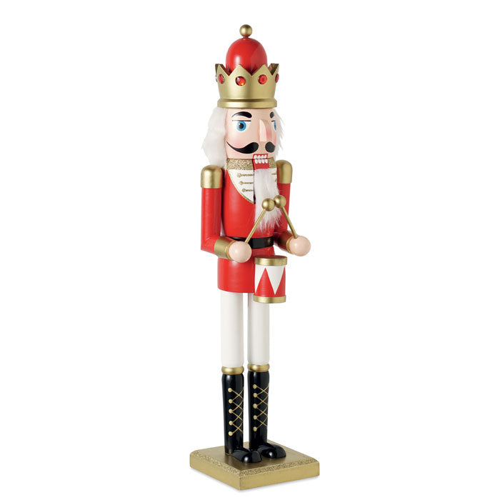 SUPER JOLY - Muñeco cascanueces de madera decorativo con base cuadrada y detalles en rojo y dorado.