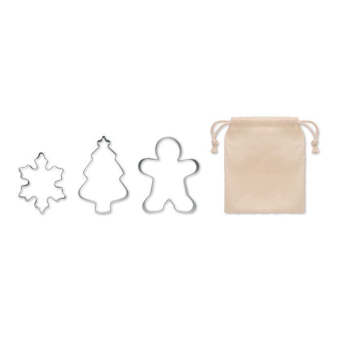COOKIES - Kit moldes galletas Navidad con 3 cortadores de acero inoxidable en formas navideñas y bolsa de algodón.