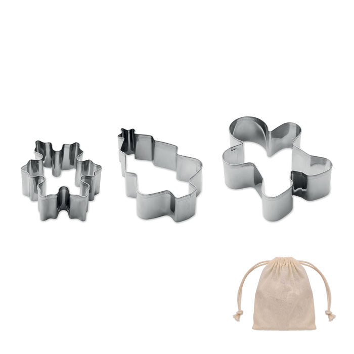 COOKIES - Kit moldes galletas Navidad: tres moldes de acero inoxidable con formas navideñas y bolsa de algodón.