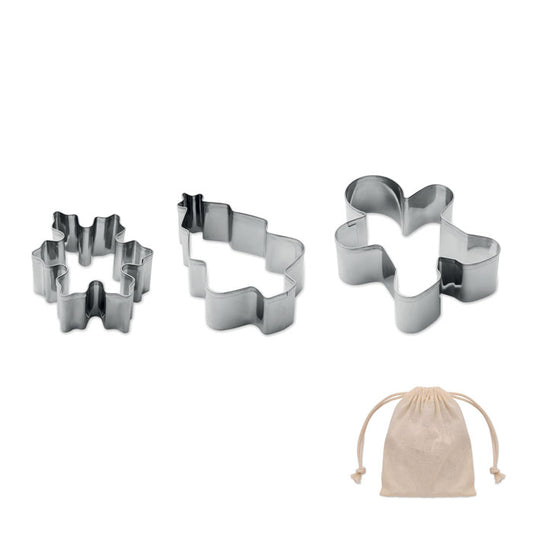 COOKIES - Kit moldes galletas Navidad: tres moldes de acero inoxidable con formas navideñas y bolsa de algodón.