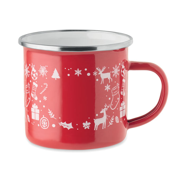 SEASOMEL - Taza esmaltada Navidad 300 ml en color rojo con diseño navideño blanco.