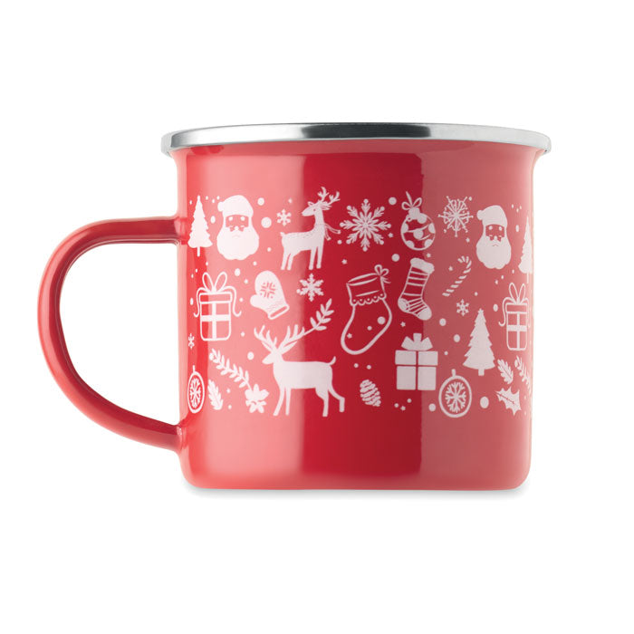 SEASOMEL - Taza esmaltada Navidad 300 ml con diseño navideño de renos y regalos en color rojo.
