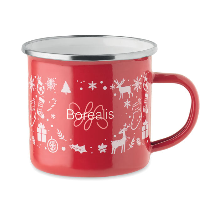 SEASOMEL - Taza esmaltada Navidad 300 ml con diseño festivo en color rojo y tapa plateada.