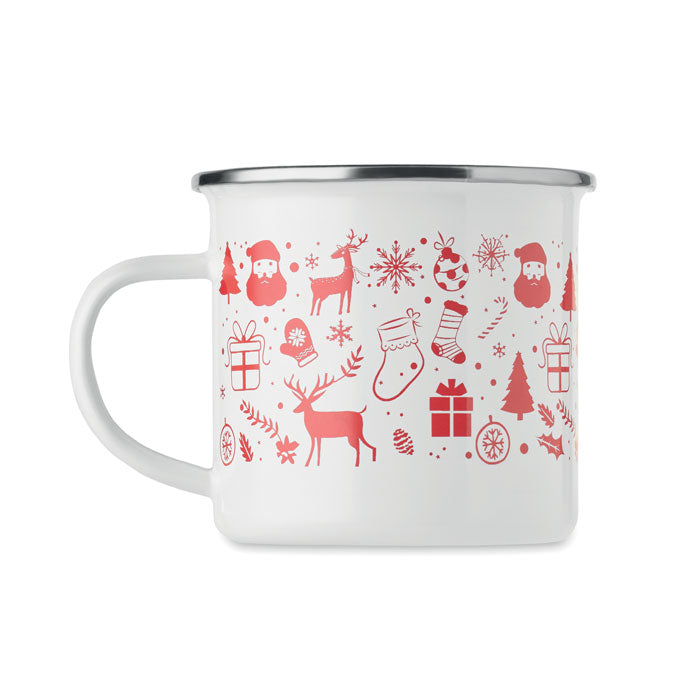 SEASOMEL - Taza esmaltada Navidad 300 ml, taza de metal blanca con diseño navideño.
