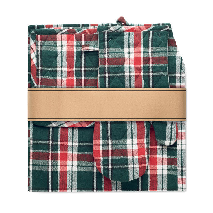 SANTAPRON - Set cocina algodón a cuadros, delantal y manopla de cocina de algodón 100% a cuadros en tonos verdes y rojos.