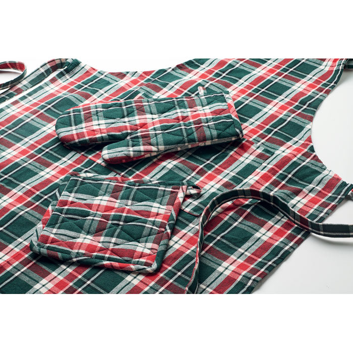 SANTAPRON - Set cocina algodón a cuadros con delantal, manopla y guante de cocina de cuadros en colores rojo y verde.