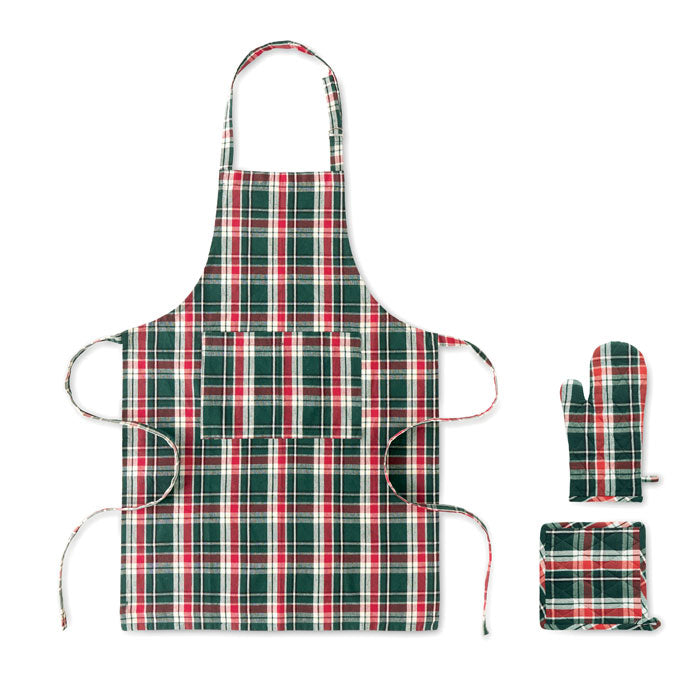 SANTAPRON - Set cocina algodón a cuadros en diseño de cuadros, incluye delantal, manopla y guante de cocina.