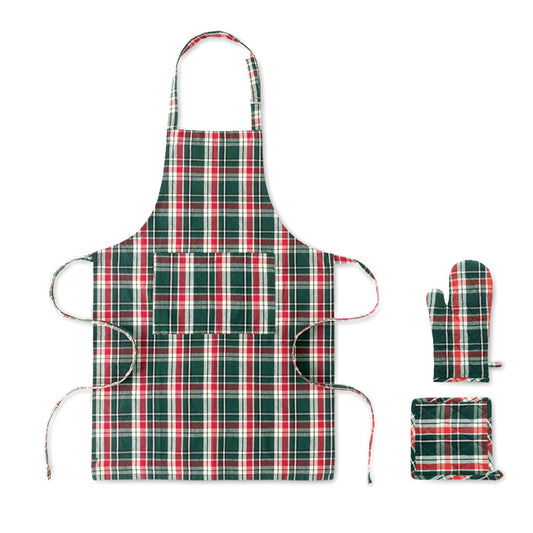 SANTAPRON - Set cocina algodón a cuadros en diseño de cuadros, incluye delantal, manopla y guante de cocina.