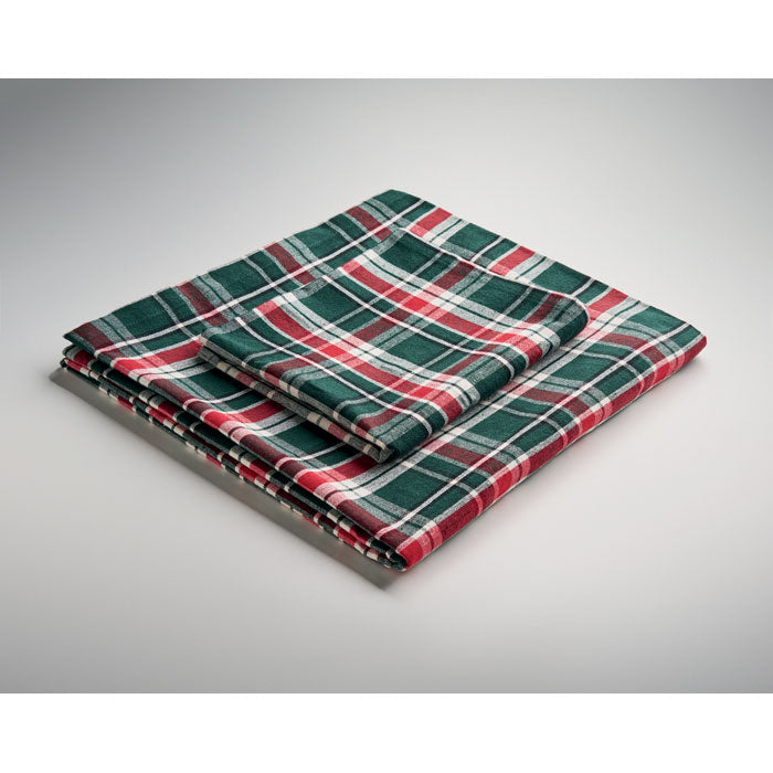 SANTABLE - Set manteles algodón, mantel de algodón a cuadros con 4 servilletas, color verde y rojo.