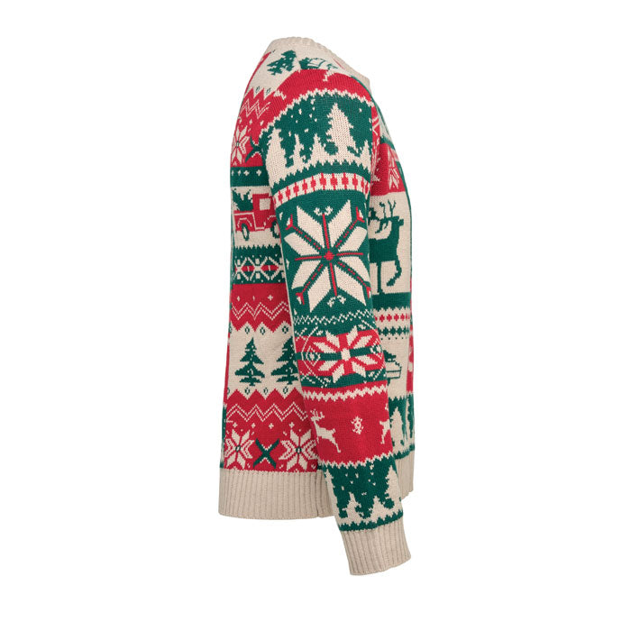 SHIMIS - Jersey de punto de Navidad S-M con diseño festivo en tonos rojo y verde.