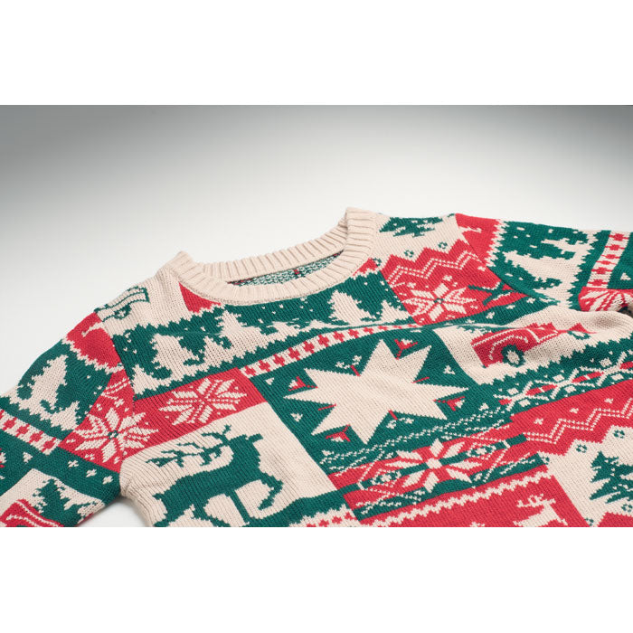 SHIMIS - Jersey de punto de Navidad S-M con coloridos patrones navideños en verde, rojo y beige.