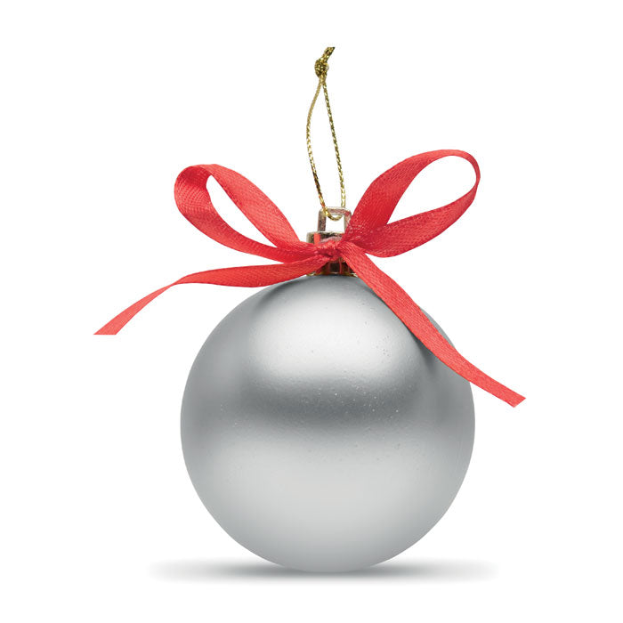 BELLES - Bola de Navidad en caja, bola navideña plateada con lazo rojo, ideal para adornar el árbol de Navidad.