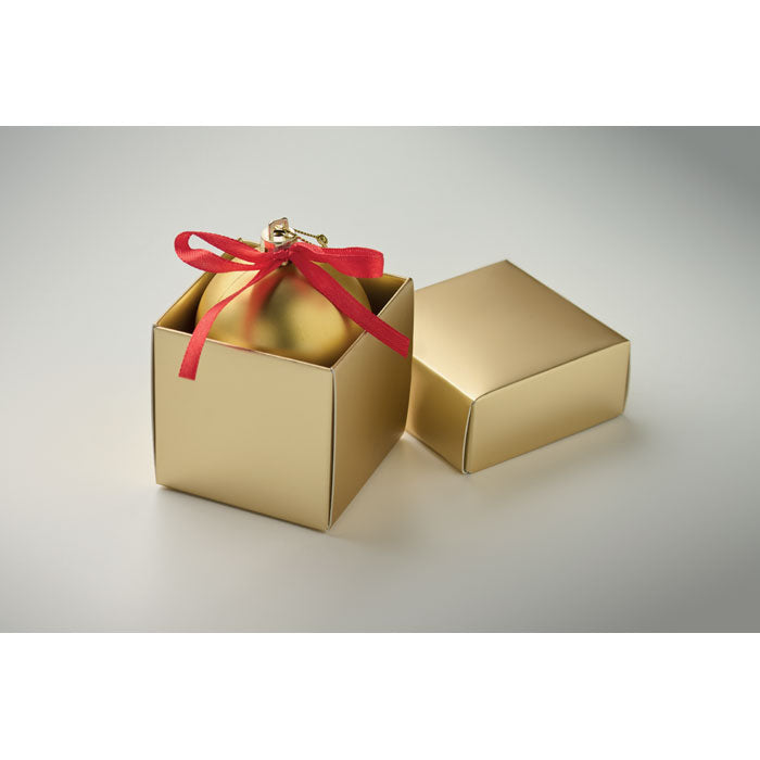 BELLES - Bola de Navidad en caja dorada con cinta roja y caja de regalo.