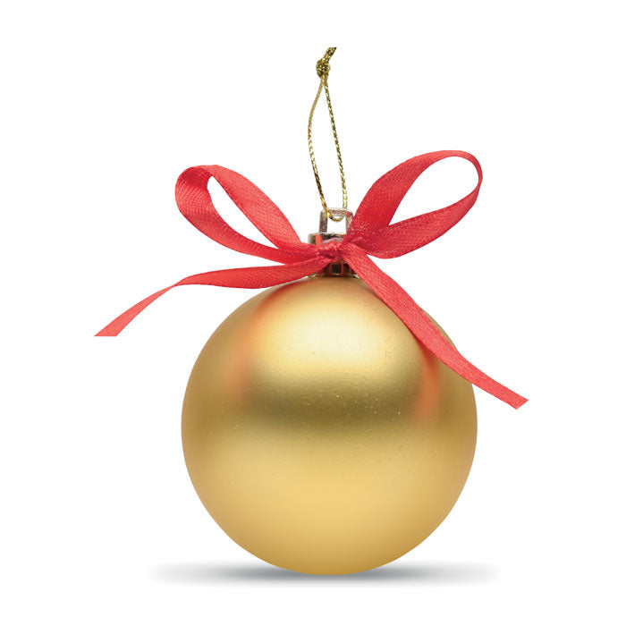 BELLES - Bola de Navidad en caja con cintas rojas y doradas, ideal para decorar árboles navideños.