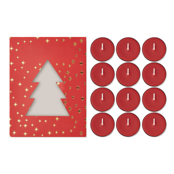 RADIANT - Set de velas de té perfumadas: caja de regalo con forma de árbol de Navidad y 12 velas rojas.