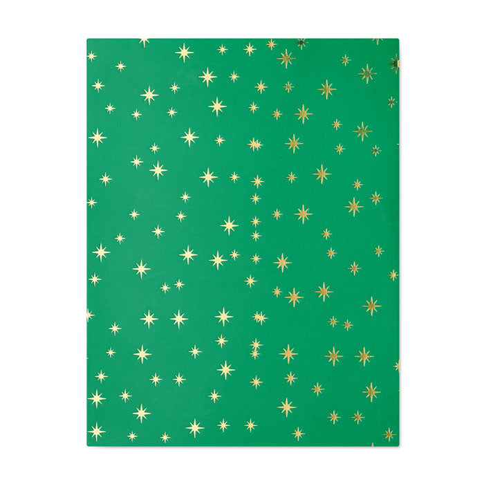 Fondo verde con estrellas doradas, ideal para decoraciones navideñas y empaques de regalos.