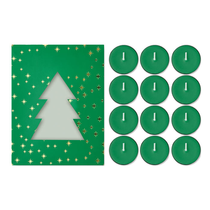 RADIANT - Set de velas de té perfumadas incluye 12 velas verdes y caja de regalo con forma de árbol de Navidad.