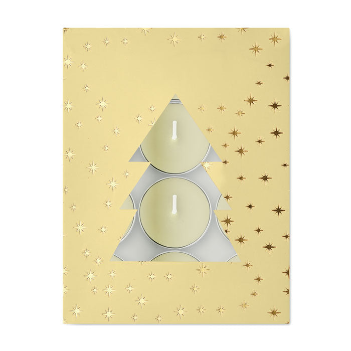 RADIANT - Set de velas de té perfumadas en caja de regalo con forma de árbol de Navidad y estrellas doradas.