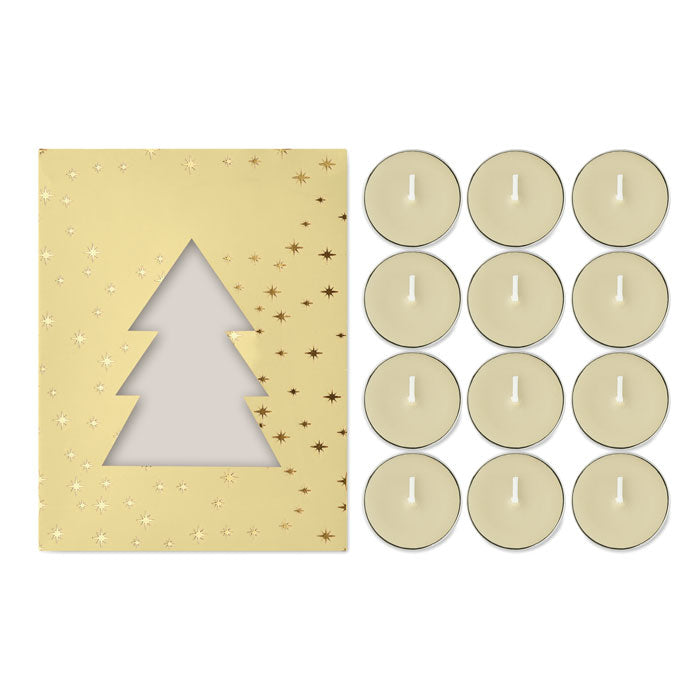 RADIANT - Set de velas de té perfumadas en caja de regalo con forma de árbol de Navidad y 12 velas de canela.