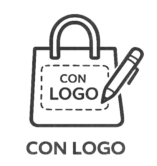 Bolsa ilustrativa con el texto 'CON LOGO' y un lápiz, representando opciones de Personalización.