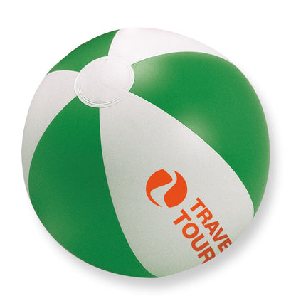 Pelota de playa hinchada verde y blanca con logo impreso